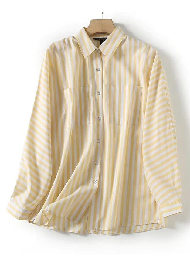 French Collar Striped Pocket Cotton Shirt Long Sleeve Top