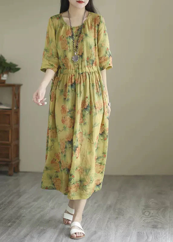 Fashion O Neck Printed Crinkle Waisted Short Sleeve Long Dresses