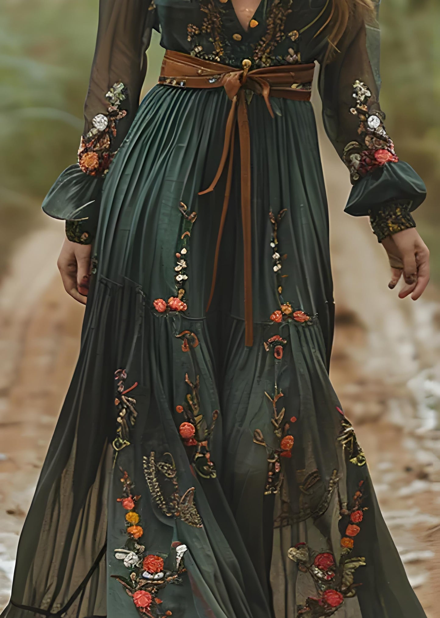 Women's Boho Green Peter Pan Collar Printed Ruched Cotton Long Dresses