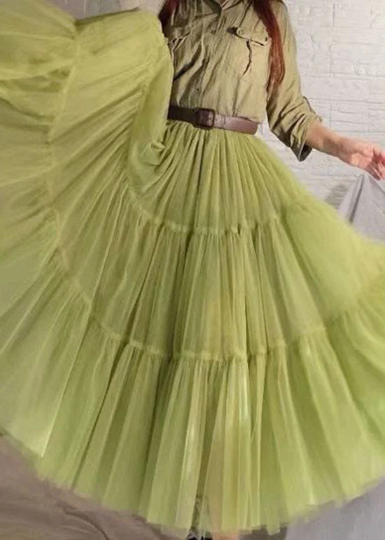 Women's Green Wrinkled Patchwork Tulle Skirt Spring Summer