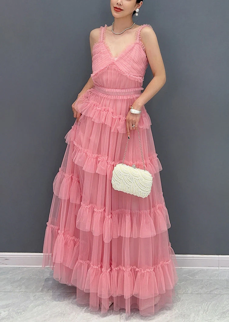 Italian Pink Ruffle Tulle Spaghetti Strap Long Dress