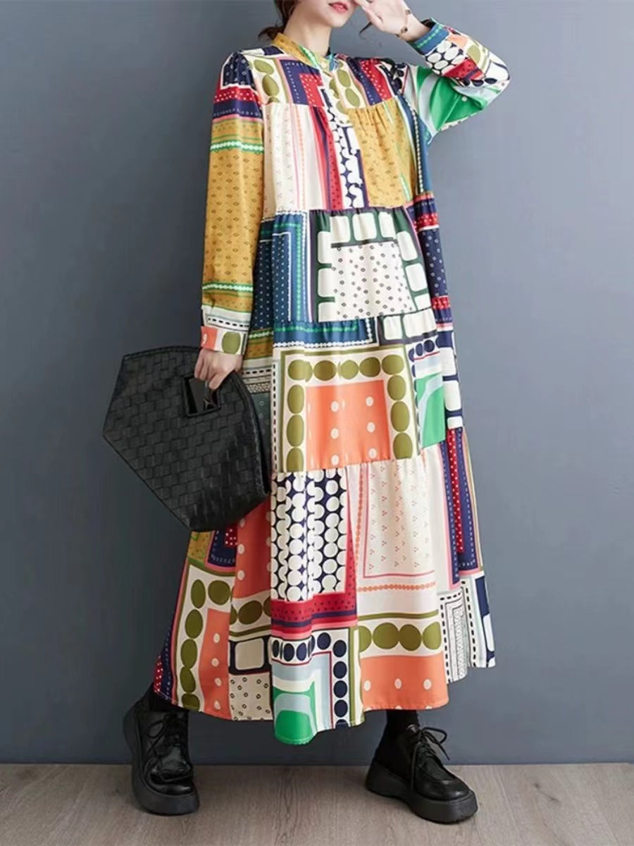 Stylish Geometric Print Long Sleeve Hem Dress