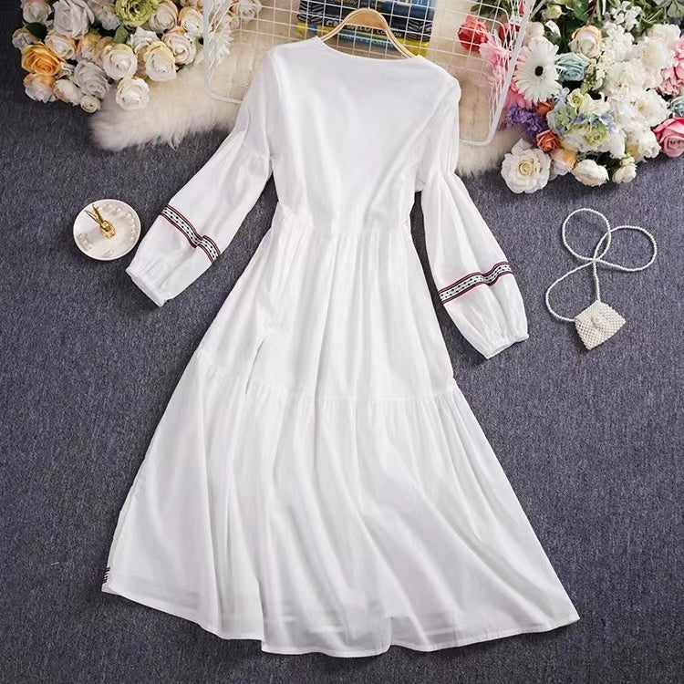 Bohemian Tie Embroidered Sun Screen Long Sleeve Patchwork Dress