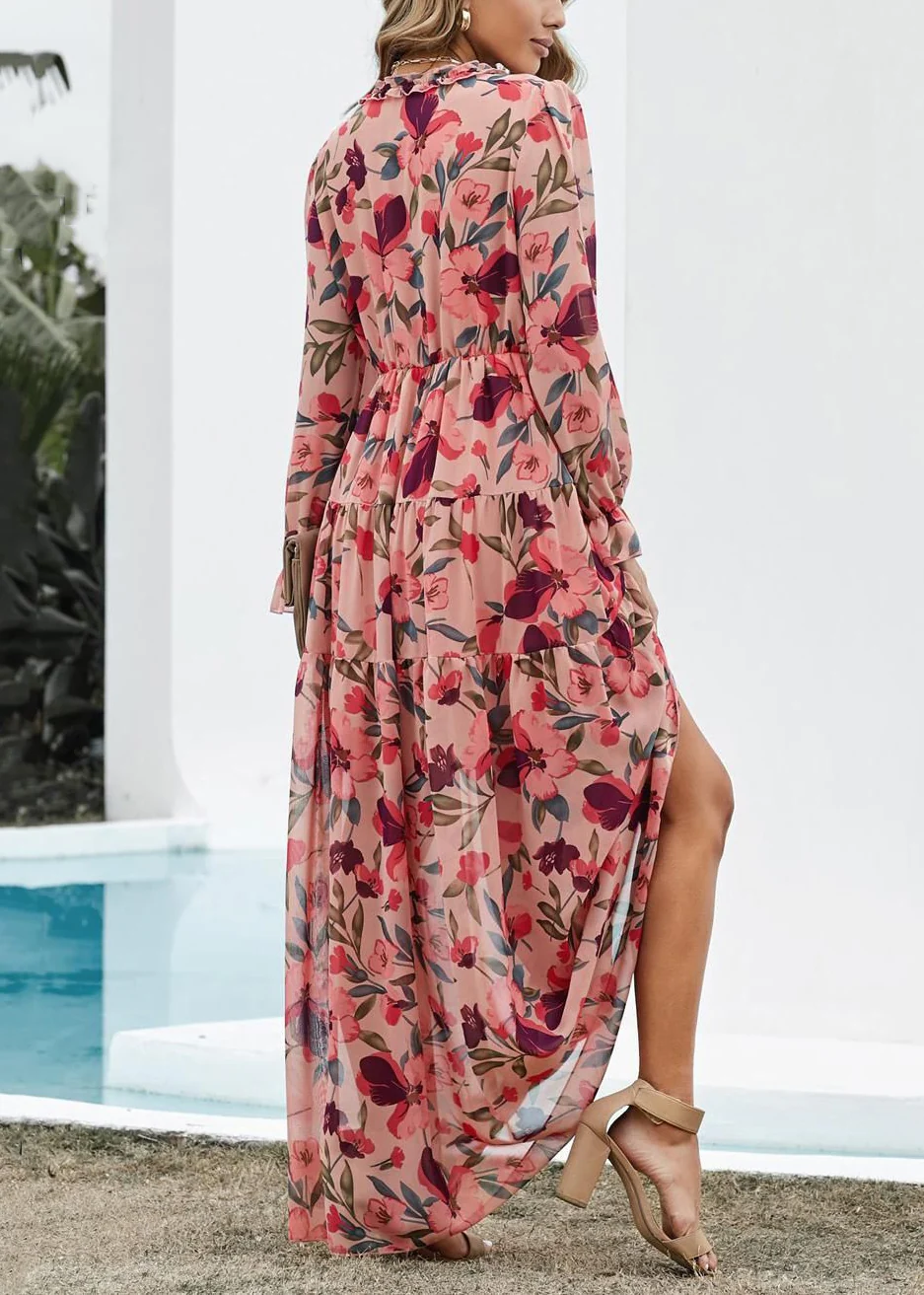 Women's Pink V-Neck Ruffle Printed Long Dress