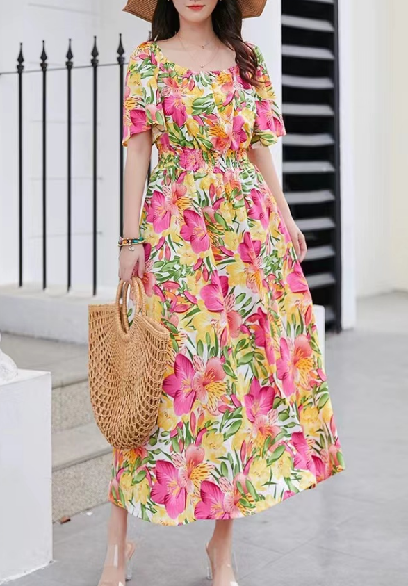 French Round Neck Printed Skinny Waist Short Sleeve Dress