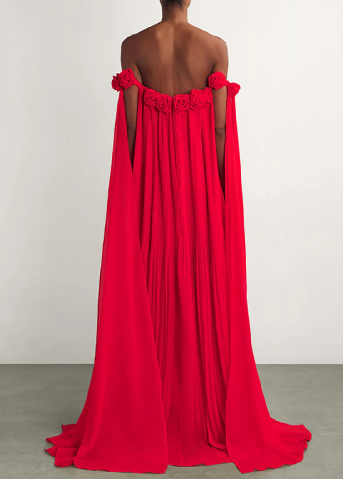 Wrinkled Cotton Long Dress with Red Slant Neck
