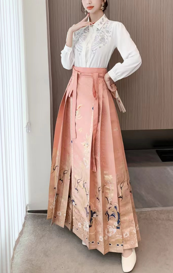 Elegant High Waist Blue Printed Pleated Skirt