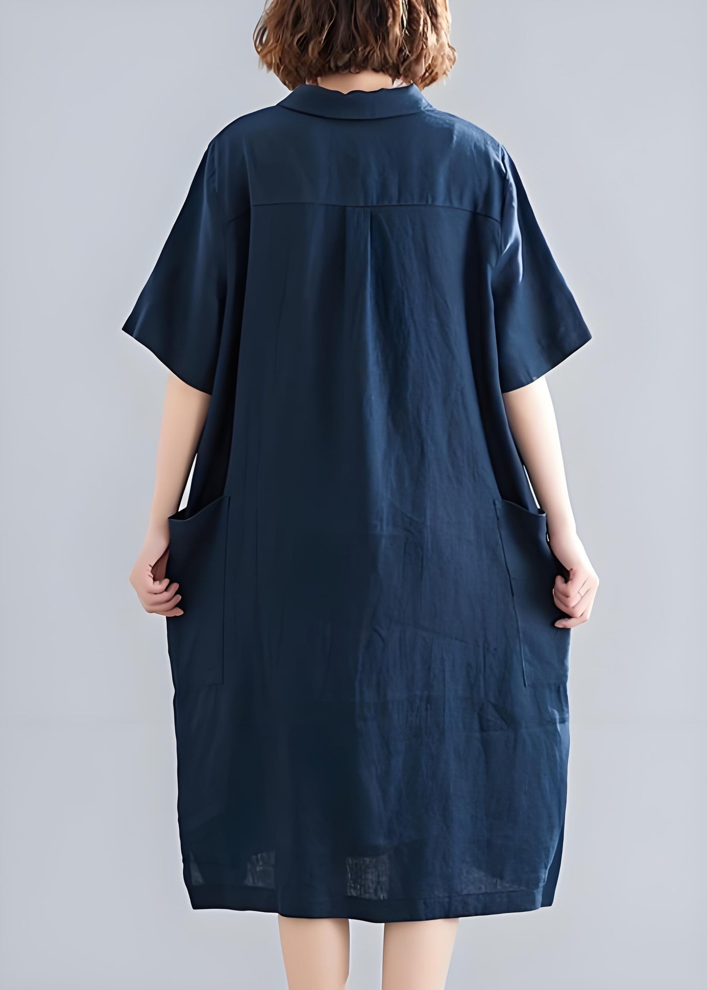 Italian Navy Cotton Lapel Pocket Plus Size Dress