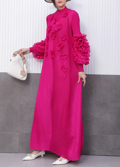 Rose Stand Collar Floral Decorated Long Dresses Summer