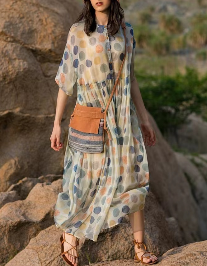 Italian Fabric Printed Cotton Short Sleeve Long Dress