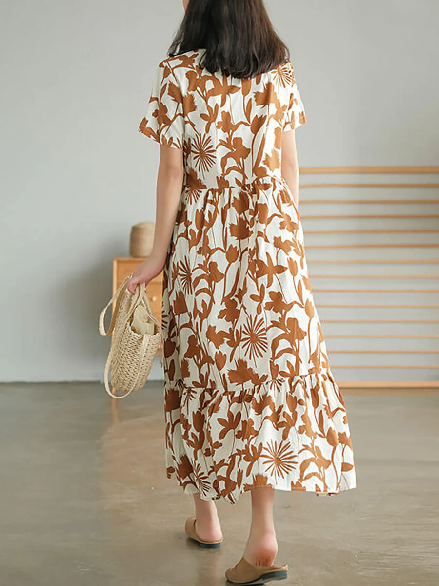Women's Round Neck Floral Cotton Short Sleeve Dress