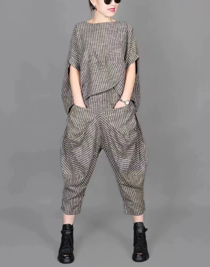 Casual Striped Asymmetrical Short Sleeve Suit