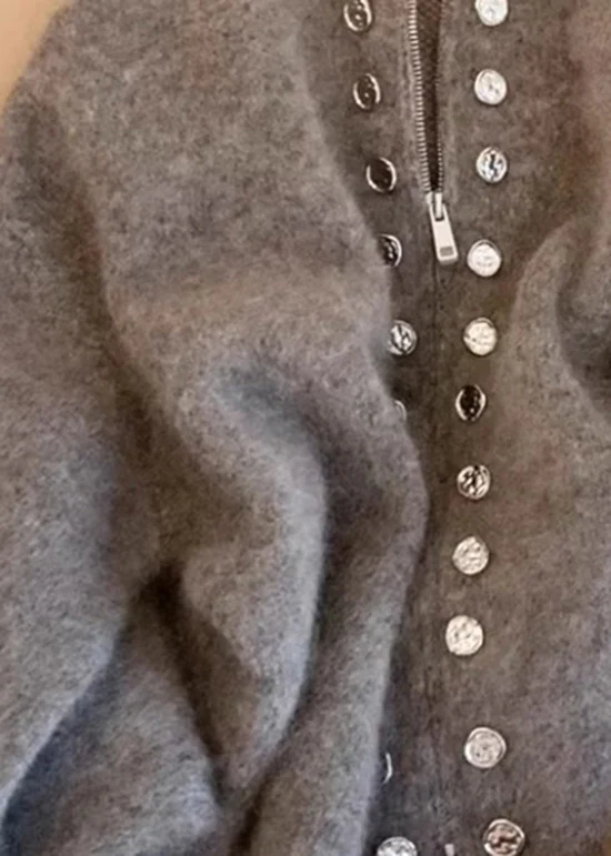 Fine Gray High Neck Zipper Wool Knit Cardigan