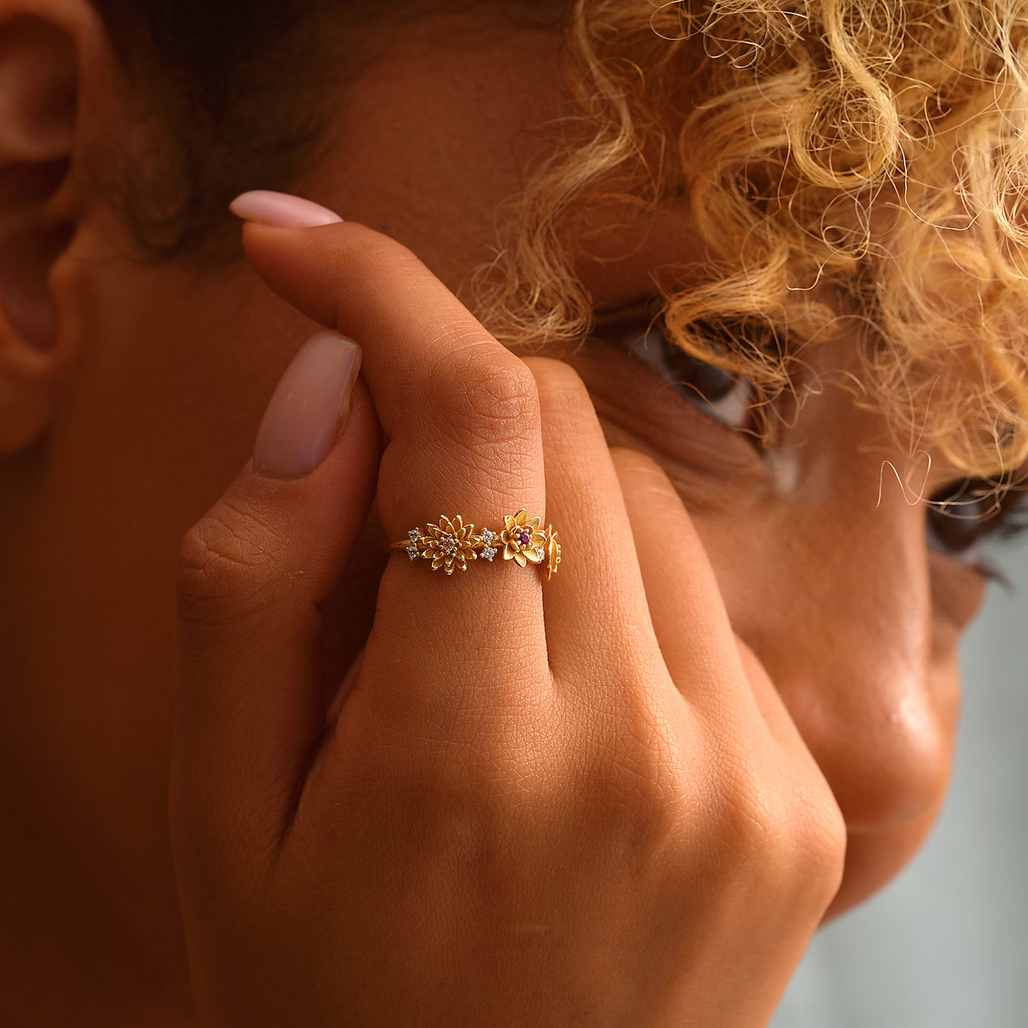 Gold Birthstone Ring, Flower Birthstone Family Gift