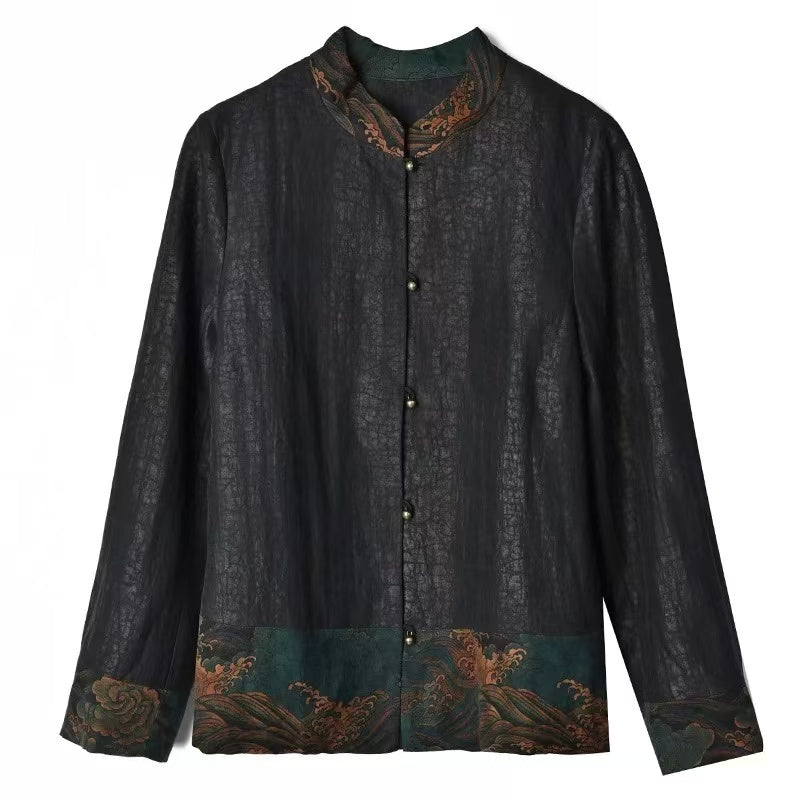 Chinese Style Standing Collar Printed Patchwork Button Silk Shirt Long Sleeve