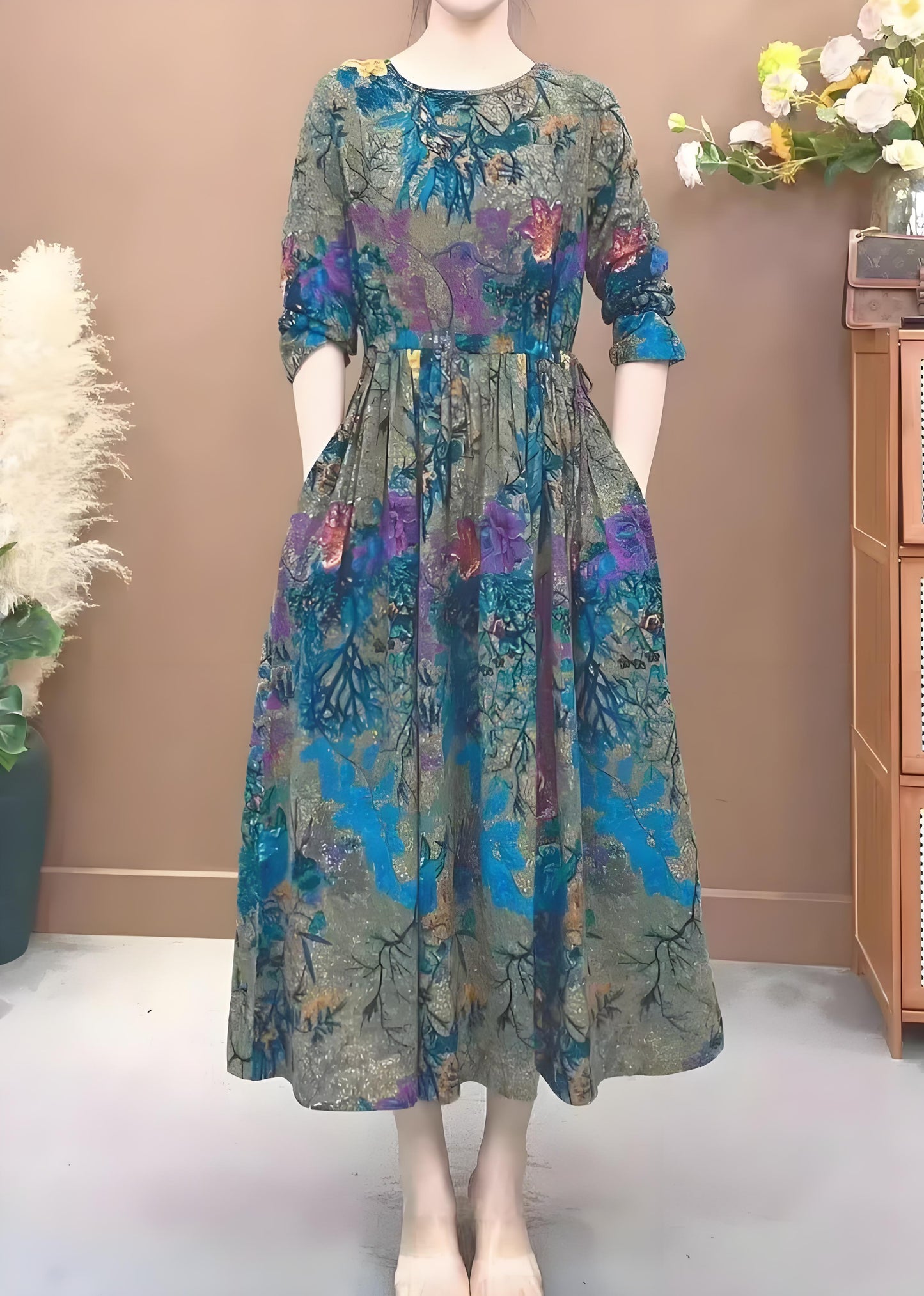 Women's Plus Size Blue O Neck Printed Pocket Cotton Half Sleeve Dress Spring