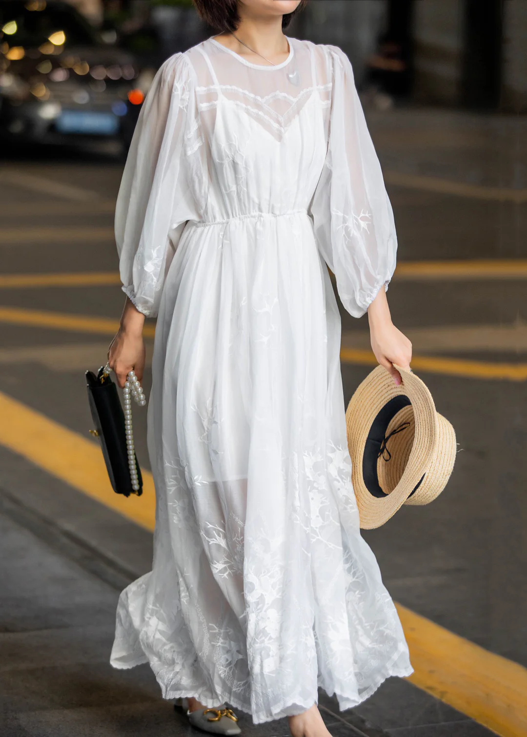 White Lace Embroidery Lace-Up Chiffon