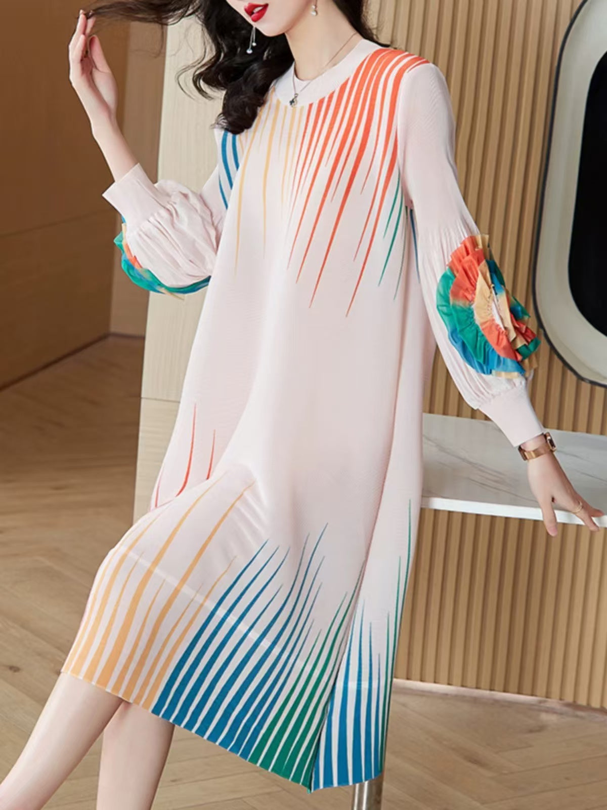 Women's Plus Size Colourful Round Neck Pleated Floral Long Sleeve Dresses