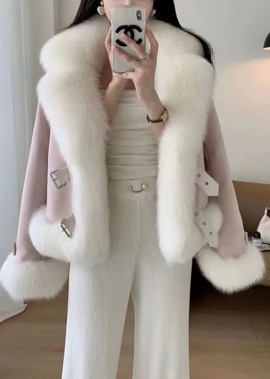 Women's Beige Hair Collar Patchwork Coat Winter
