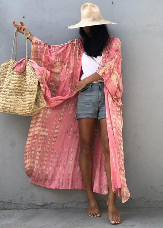 Pink Hooded Printed Cotton Loose Cardigan