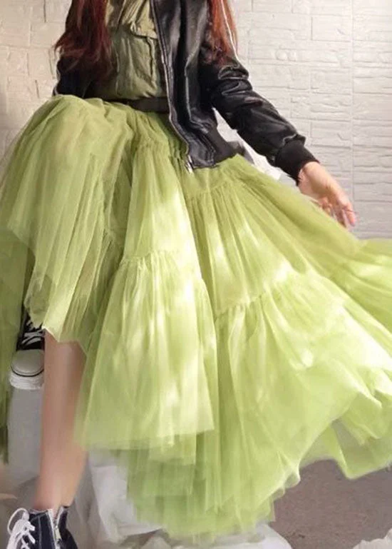 Women's Green Wrinkled Patchwork Tulle Skirt Spring Summer