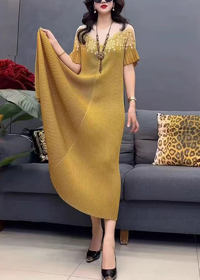 Yellow round neck printed cotton maxi dress