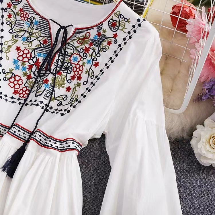 Bohemian Tie Embroidered Sun Screen Long Sleeve Patchwork Dress