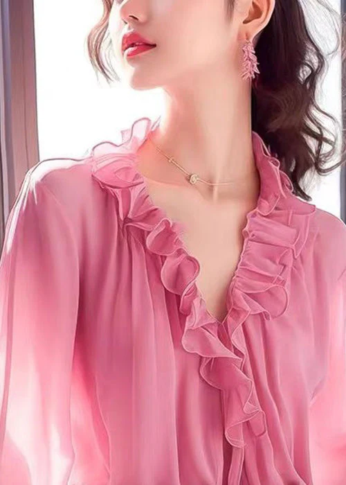 Women's Pink V-Neck Ruffle Trim Chiffon Blouse Hands