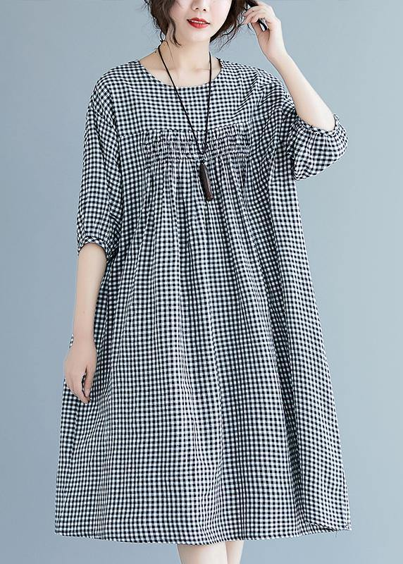French O Neck Lantern Sleeve Black Plaid Dress