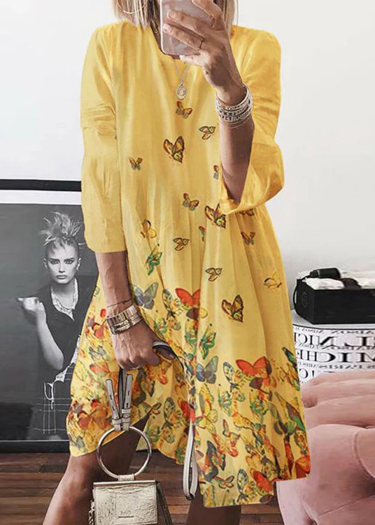 Bohemian Blue O Neck Butterfly Print Cotton Midi Dress Short Sleeve Travel