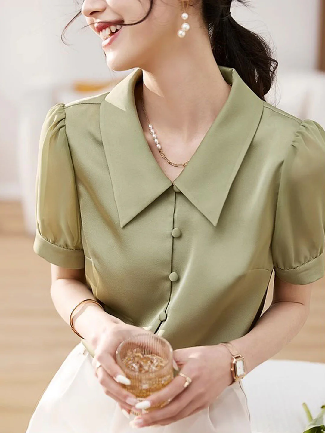 Elegant Lapel Bubble Sleeve Satin Short Sleeve Blouse Top