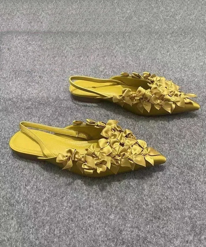 Women's Party Yellow Bow Pointed Toe Flat Sandals
