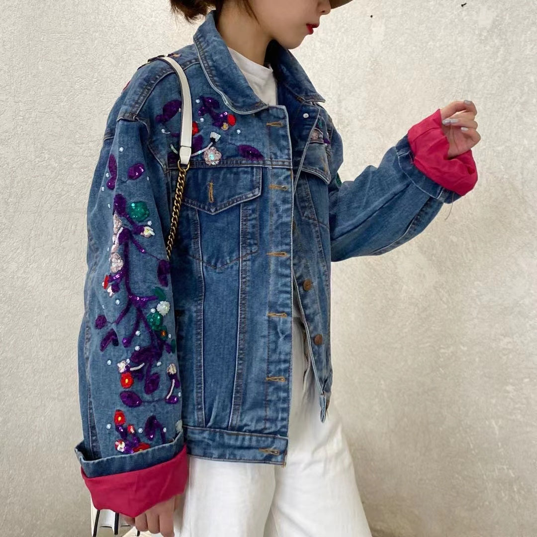 Loose Embroidered Floral Beaded Color Block Denim Jacket
