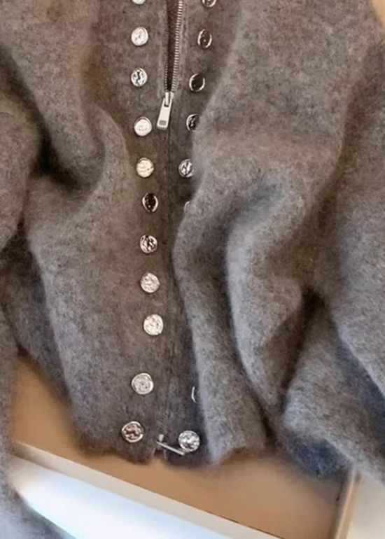 Fine Gray High Neck Zipper Wool Knit Cardigan