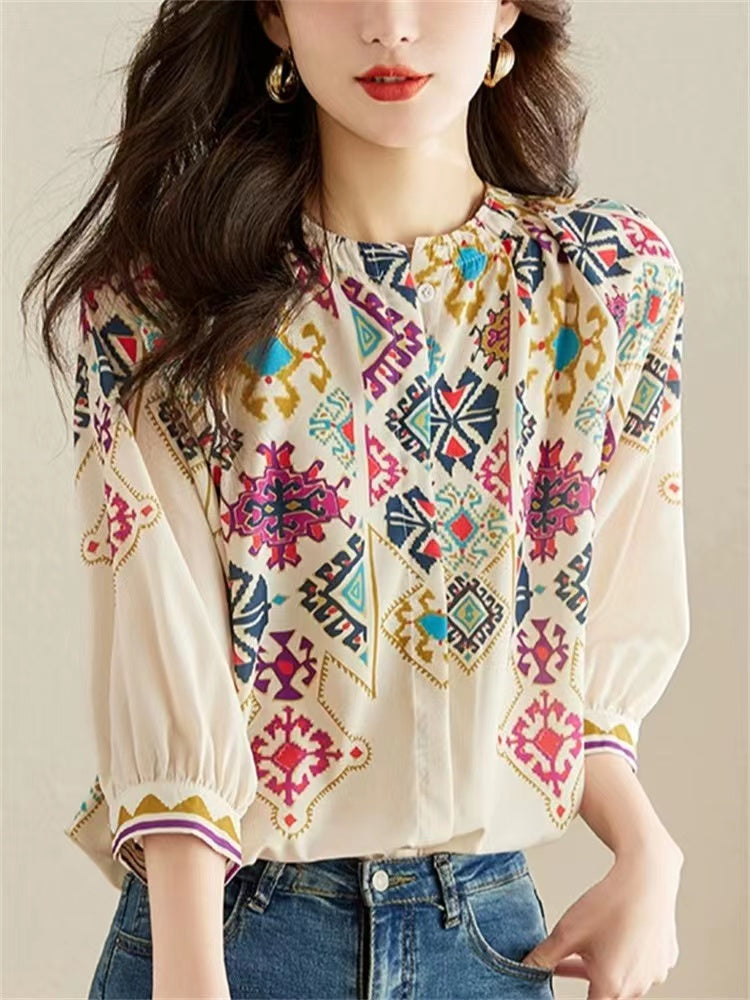 Vintage Geometric Print Silk Short Sleeve Prints
