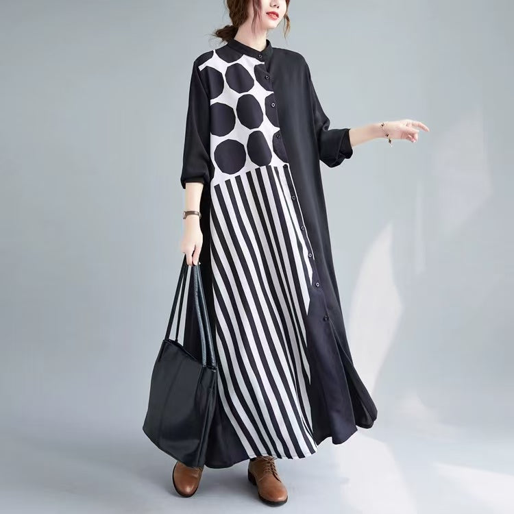 Women's Patchwork Black Cardigan Cotton Long Sleeve Dress Spring