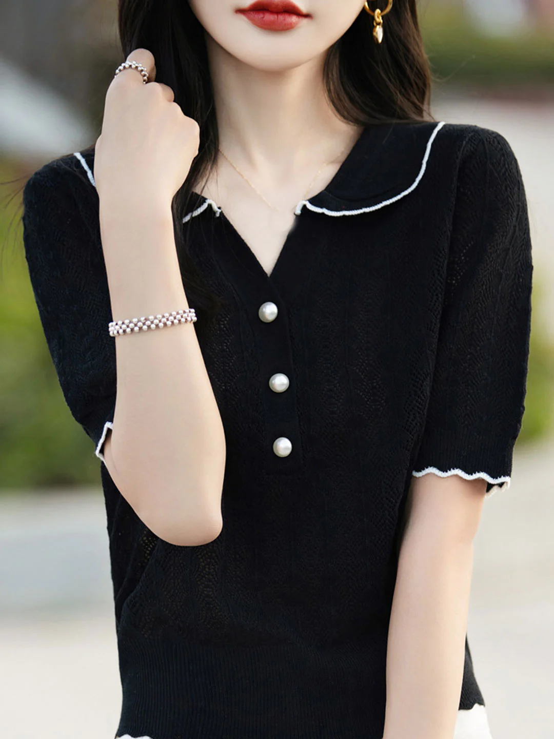 Elegant Lapel Skeleton Knit Short Sleeve Shirt Top