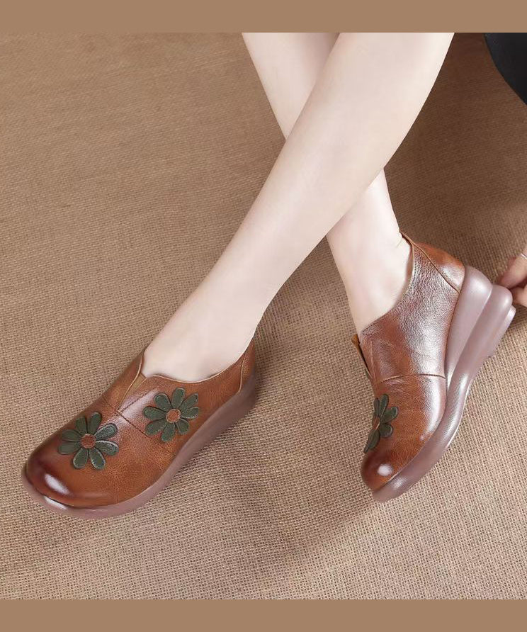 Women's Brown Cowhide Slope Heeled Shoes Patchwork Floral