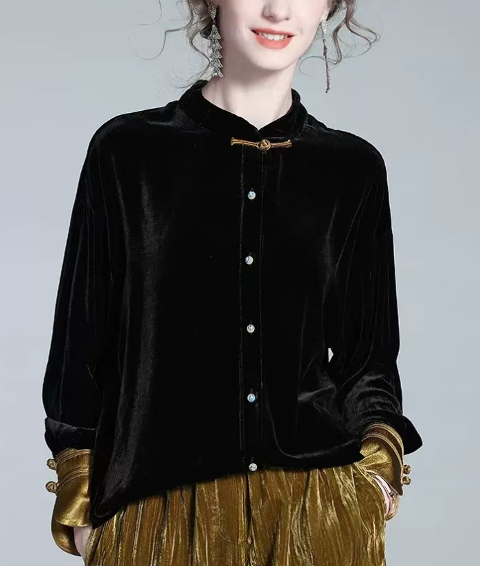 Chinese Style Loose Velvet Patchwork Long Sleeve Top