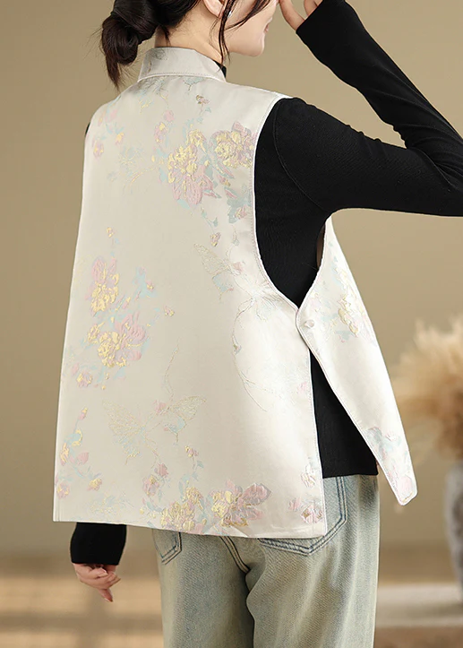 Chinese Original Apricot Embroidered Cotton Vest Sleeveless