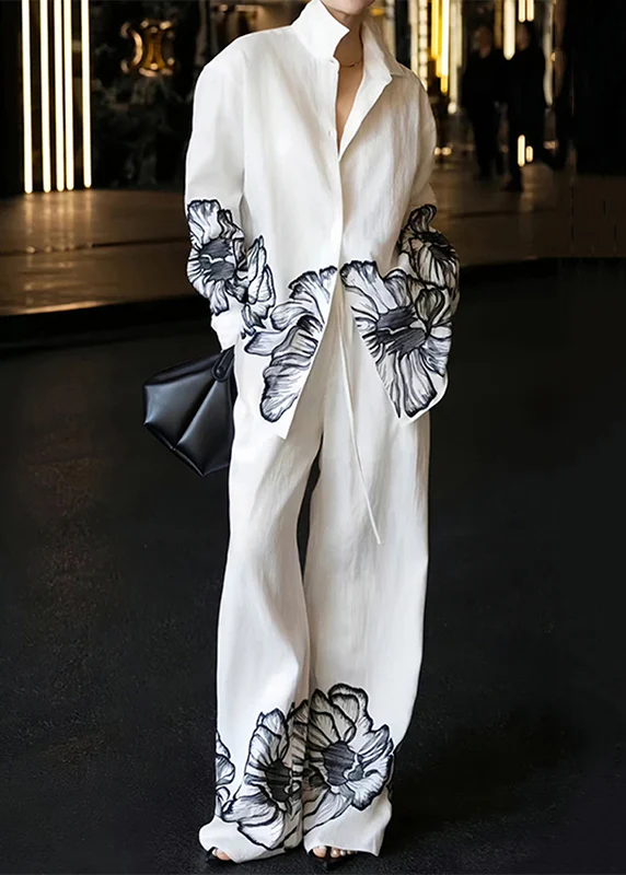 White Peter Pan Collar Printed Linen Two Piece Set