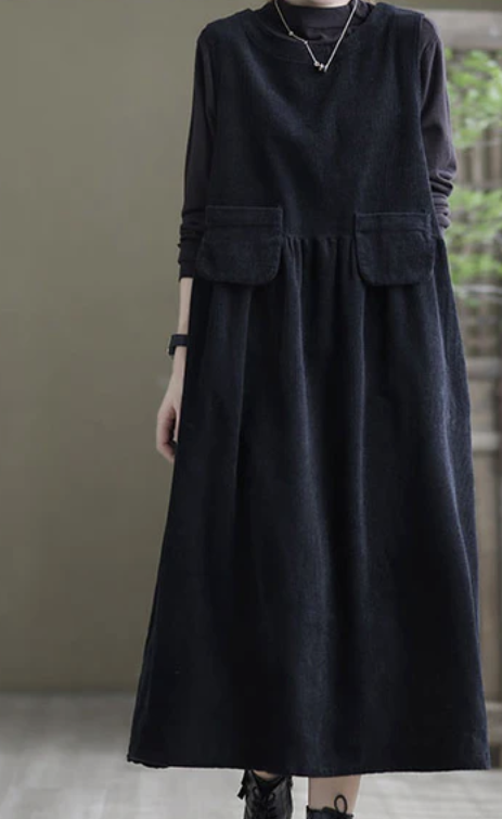 Womens Loose Round Neck Corduroy No Dresses