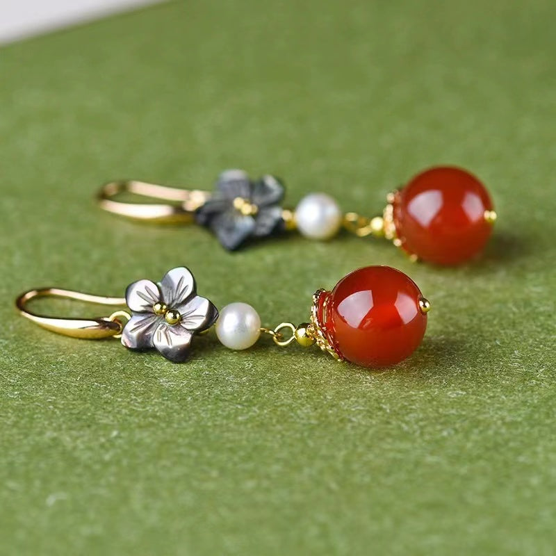 Vintage Onyx Pearl Flower Dangle Earrings