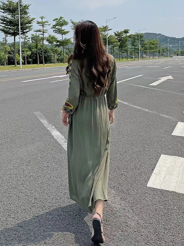 Bohemian V-Neck Embroidered Cashew Long Sleeve Dress