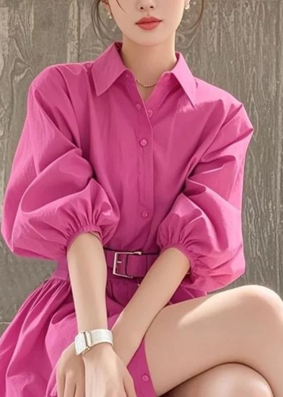 Women's Rose Peter Pan Collar Button Belt Shirtdress
