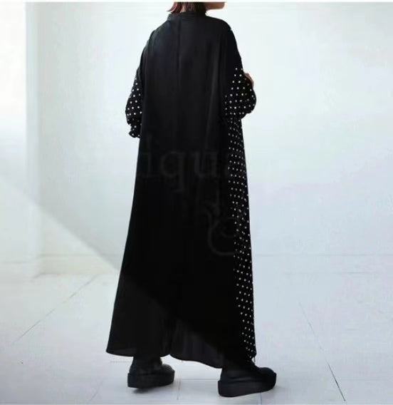 Loose Standing Collar Patchwork Polka Dot Color Clash Long Sleeve Long Dress