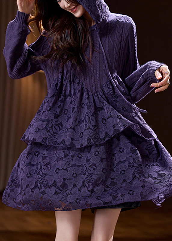 Women's Plus Size Knit Patchwork Hooded Dress Spring