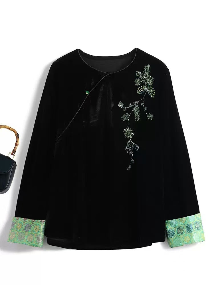 Women's Loose Asymmetric Velvet Patchwork Long Sleeve Top