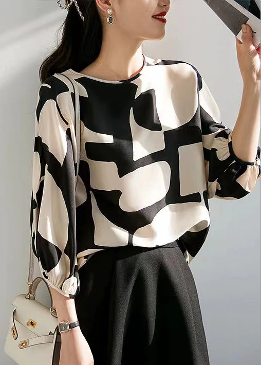 Elegant Round Neck Printed Button Silk Blouse Top