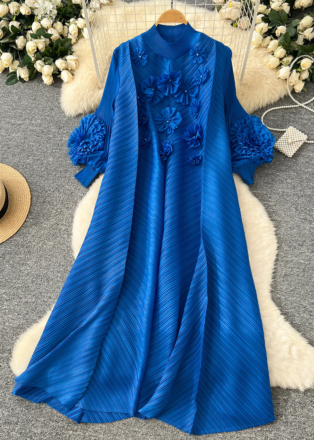 Women's Party Yellow Oversized Cubic Floral Lantern Sleeve Long Dresses